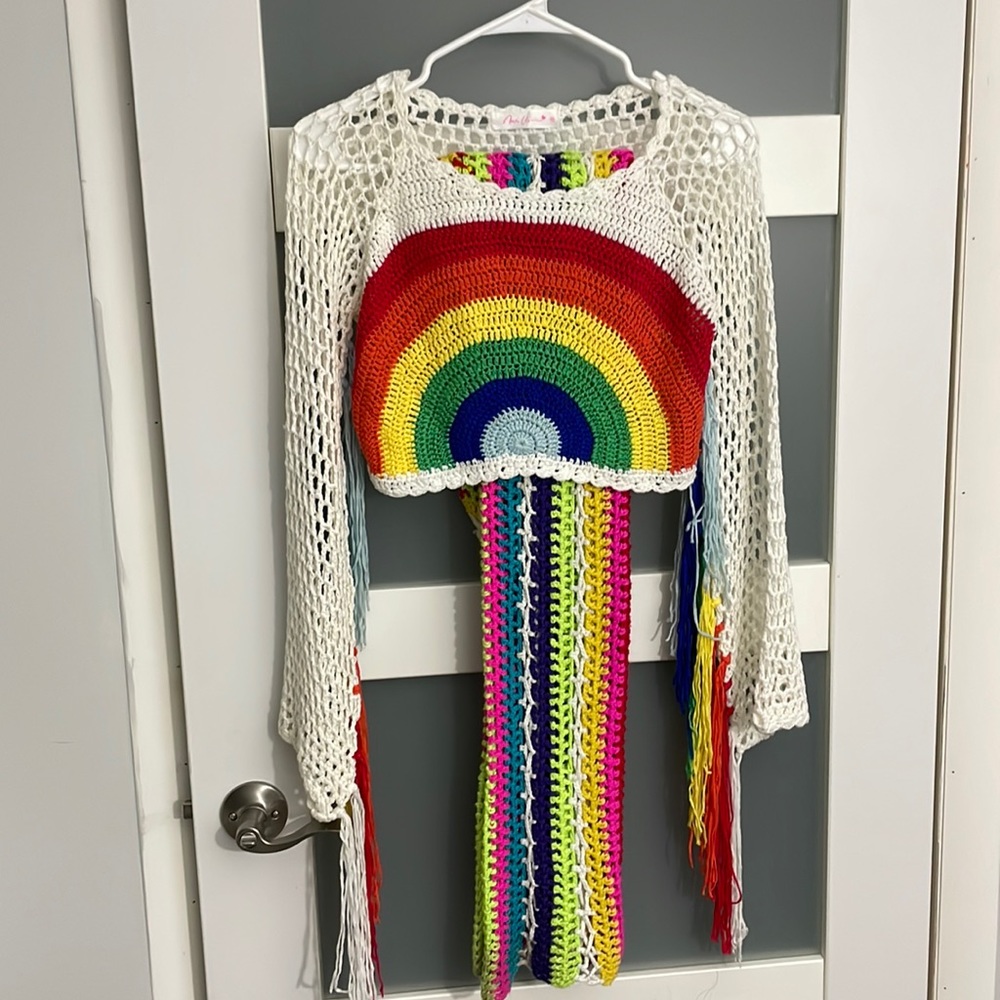 Love Sense Rainbow Crochet Top MULT COLOR CROCHET COVER UP PANTS SET